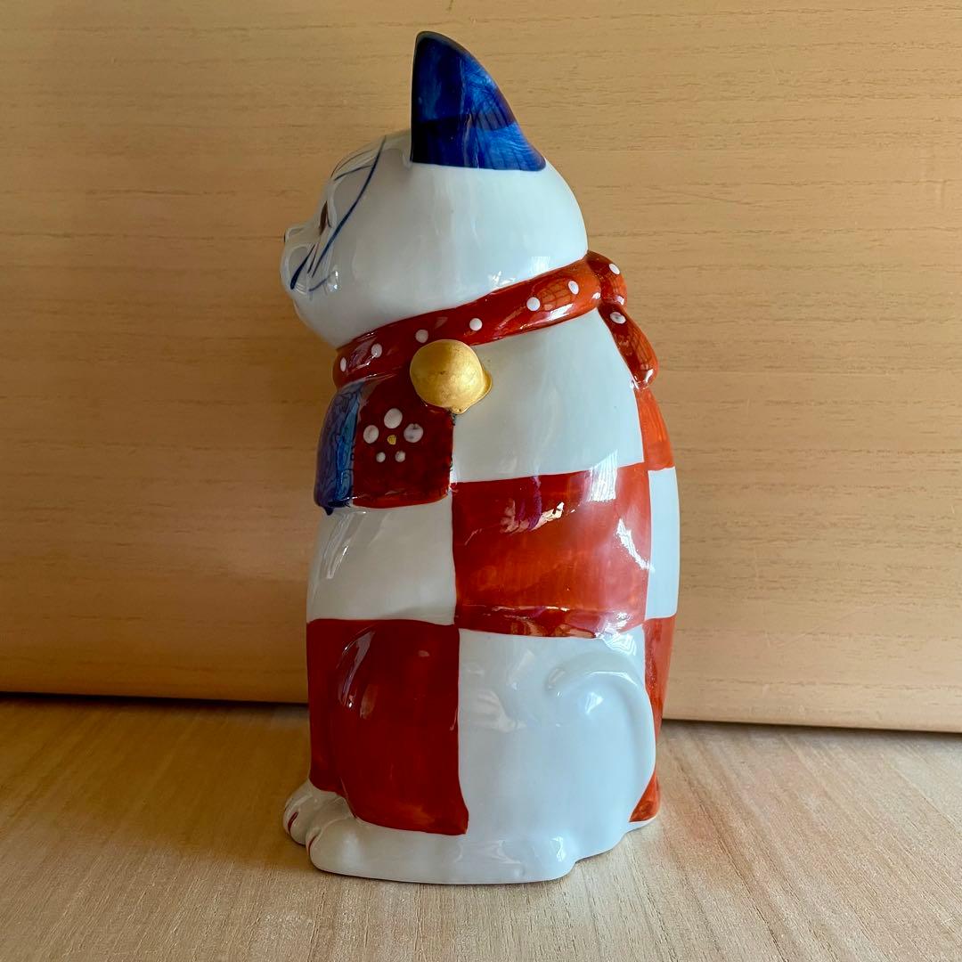 【未使用】赤絵市松猫　招き猫　瀬戸焼　右　 まねきねこ　置物　縁起物