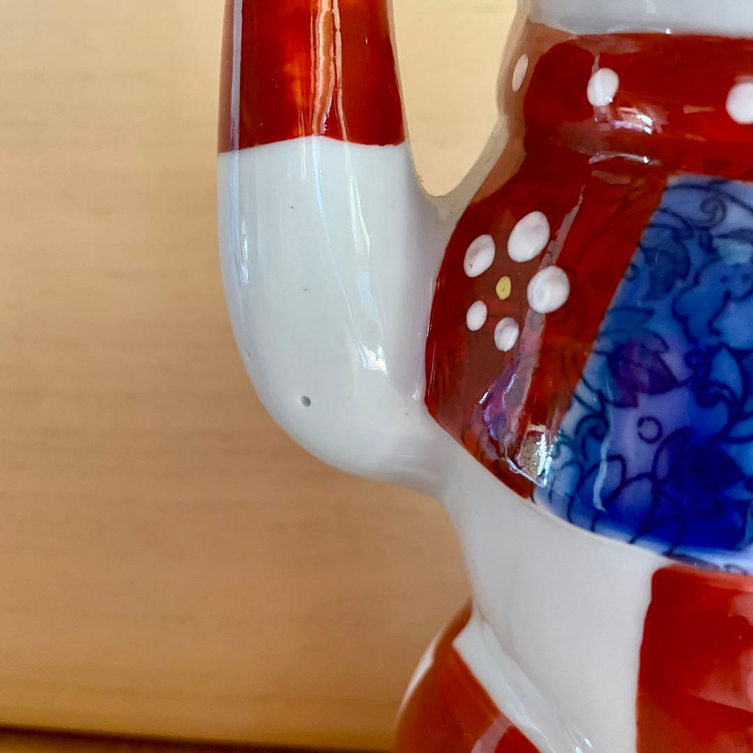 【未使用】赤絵市松猫　招き猫　瀬戸焼　右　 まねきねこ　置物　縁起物