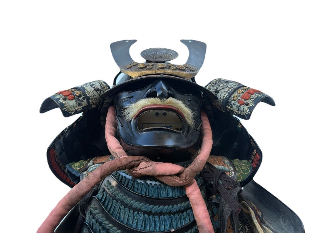 け*屋様 日本美術 時代甲冑 等身大 家紋入 丸に揚羽蝶 鎧兜 一式 面頬