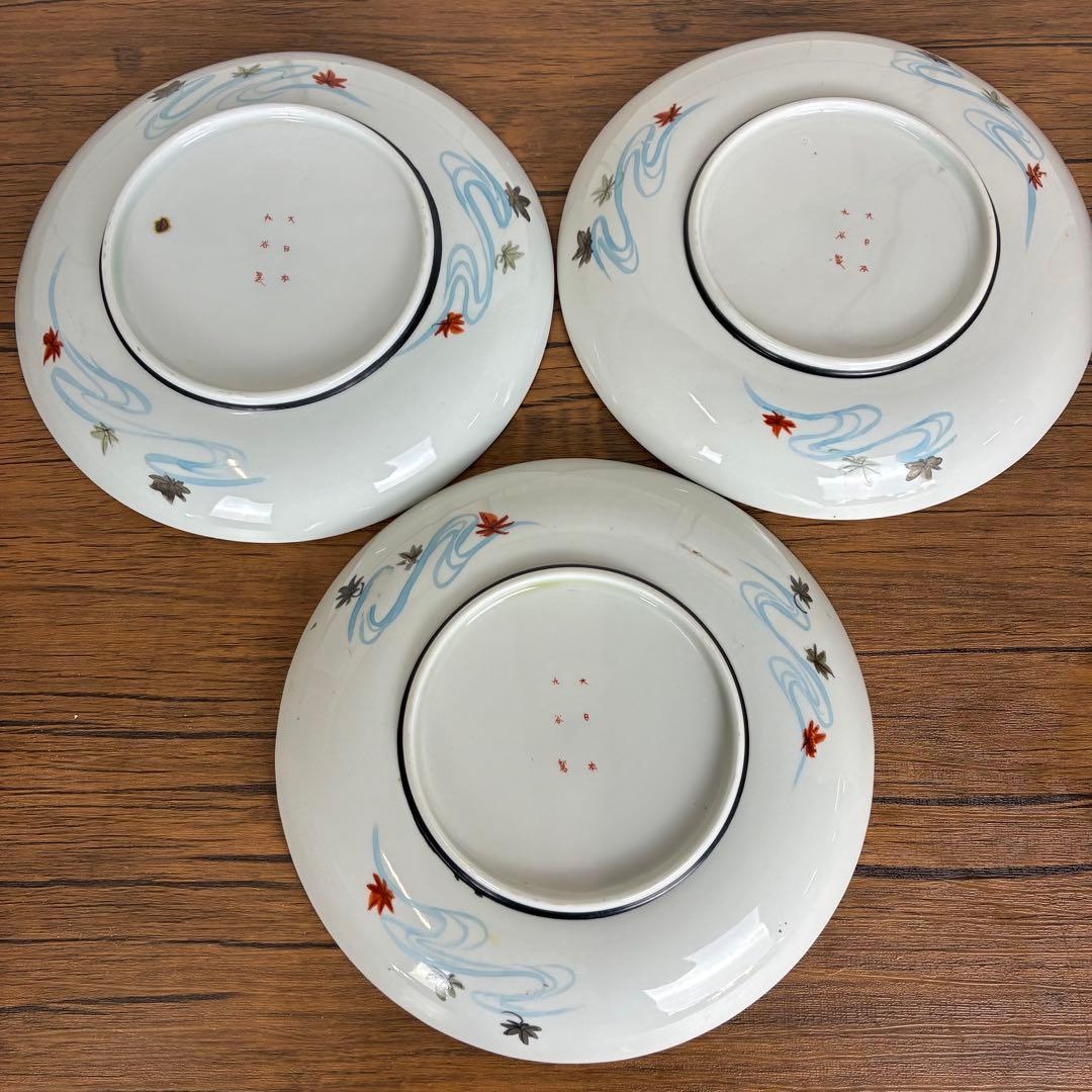 【希少】九谷焼 大正九谷 金彩　小紋　三方割　花鳥図皿 松竹梅色絵皿 中皿