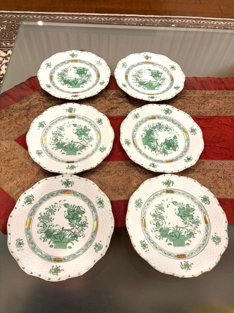 新品　HEREND FV インドの華グリーン プレート 19cm ６客セット