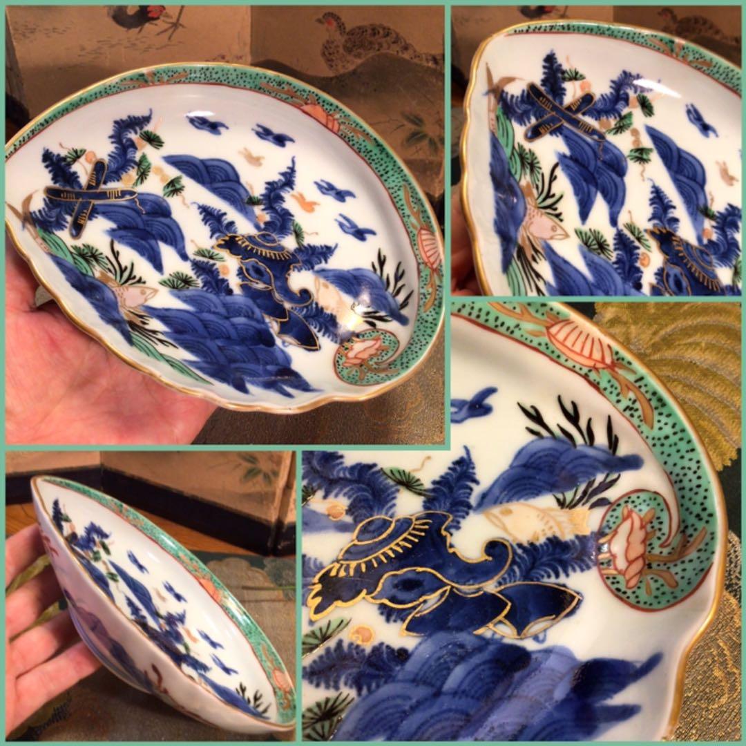 A573 古伊万里　染錦手　懐石　柿右衛門　『渦福』貝に魚紋様皿　鮑型（中）2枚