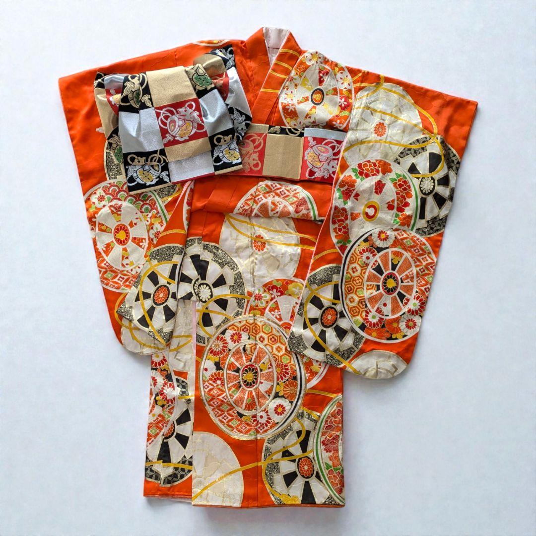 7歳　正絹朱源氏車　七五三　お着物・作り帯セット