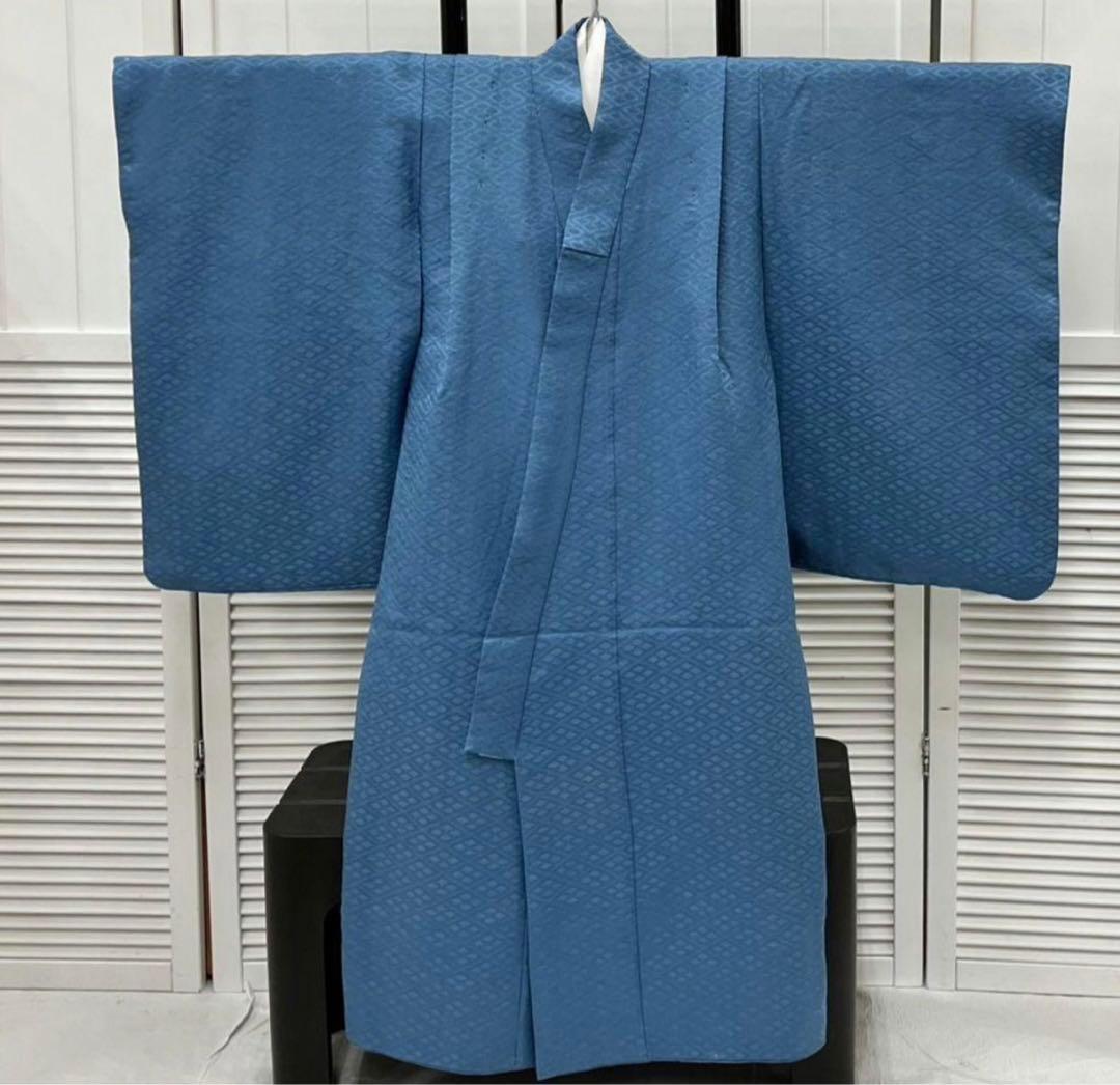 青色 鷹と松の刺繍 着物