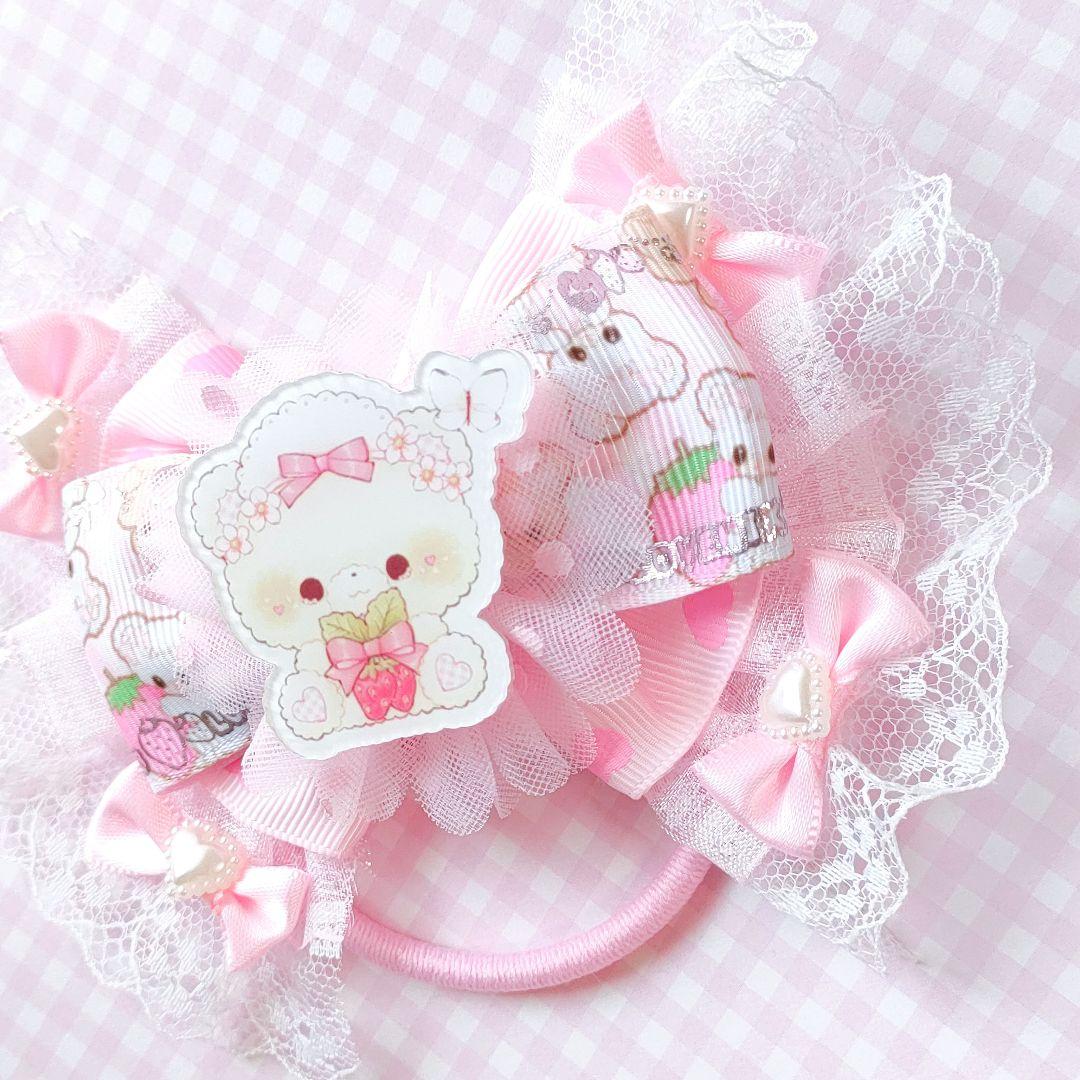 ハンドメイド★キッズリボンヘアゴム★大きめ★ピンク★いちご★ふりふりレース付き