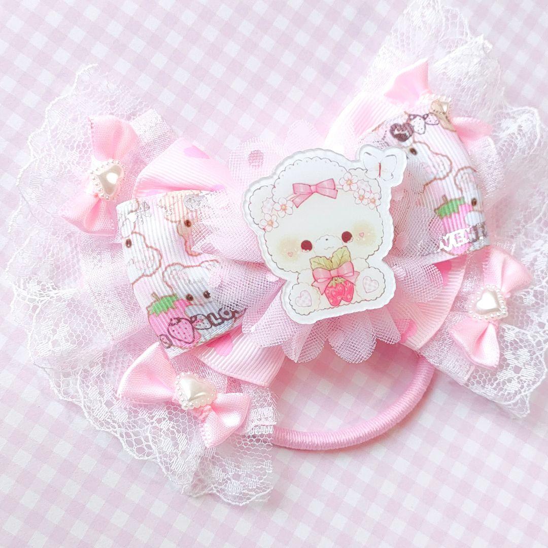 ハンドメイド★キッズリボンヘアゴム★大きめ★ピンク★いちご★ふりふりレース付き