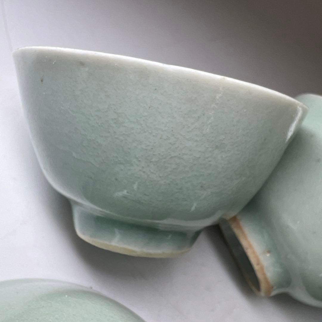 中国清朝時代 青磁煎茶碗5客 木箱付 口径約6.8㎝ 東Y8-0203①トヒカ