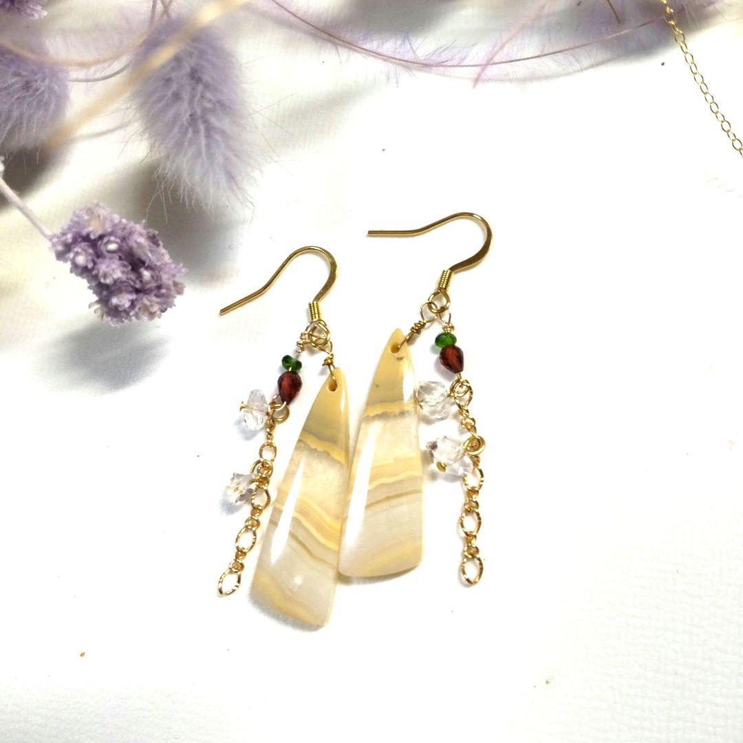 縞アゲート、高品質ガーネット、ハーキマー ピアスとネックレスセット