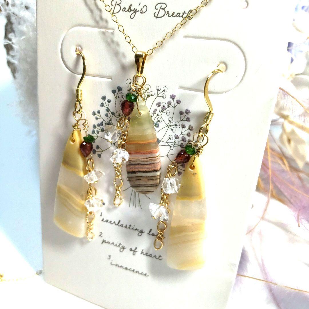 縞アゲート、高品質ガーネット、ハーキマー ピアスとネックレスセット