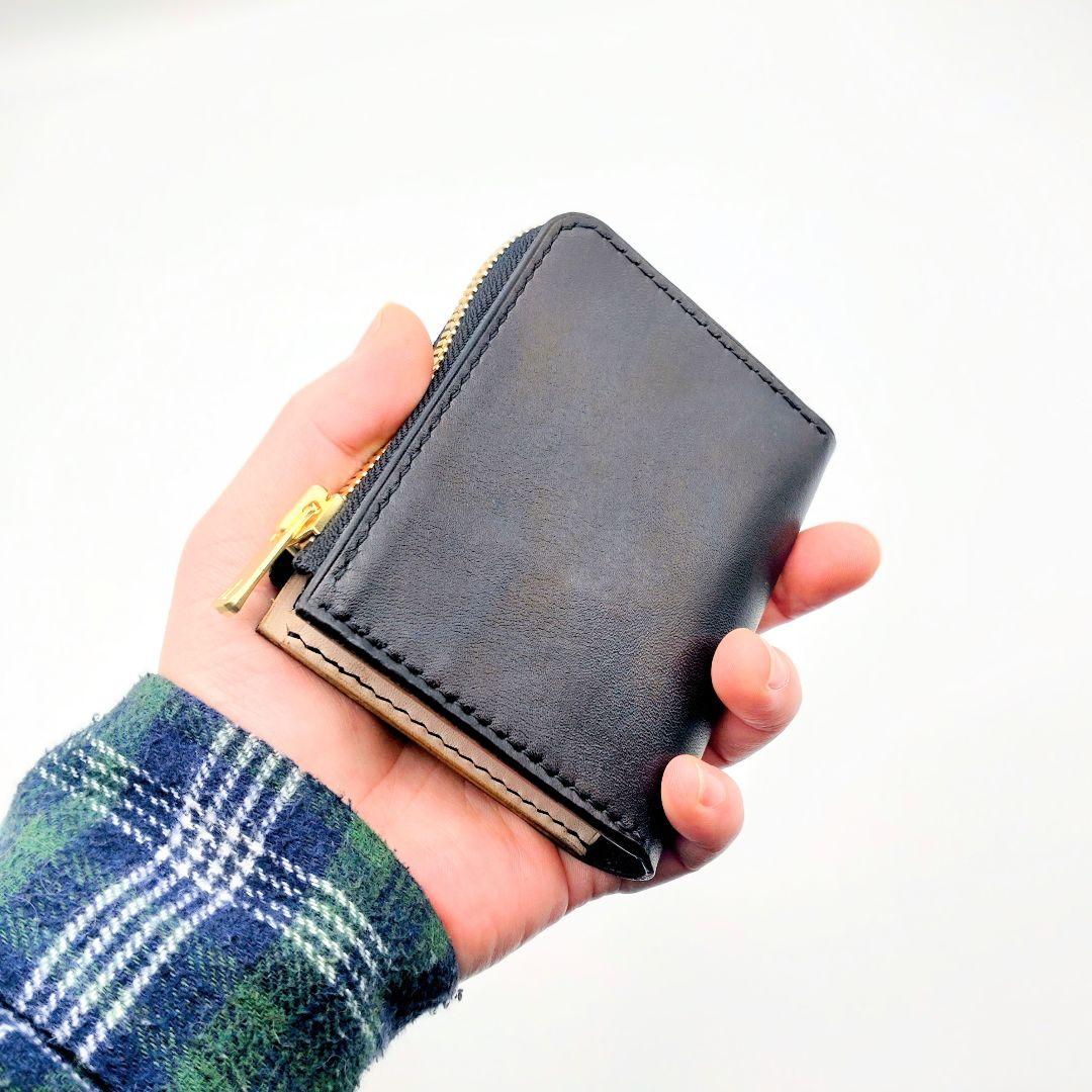 コンパクト財布 黒 ブラック 本革 ヌメ革 牛革 L字 ゲンコウ genkoh