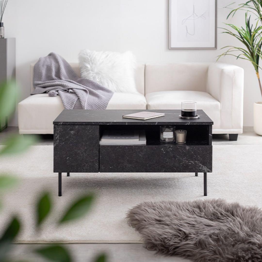 【幅80cm】Ellis 大理石柄 引き出し付き センターテーブル ローテーブル