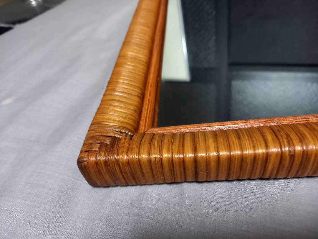 希少　1970's　フレンチ　クラシック　ラタン　フレーム　ウッド　ミラー