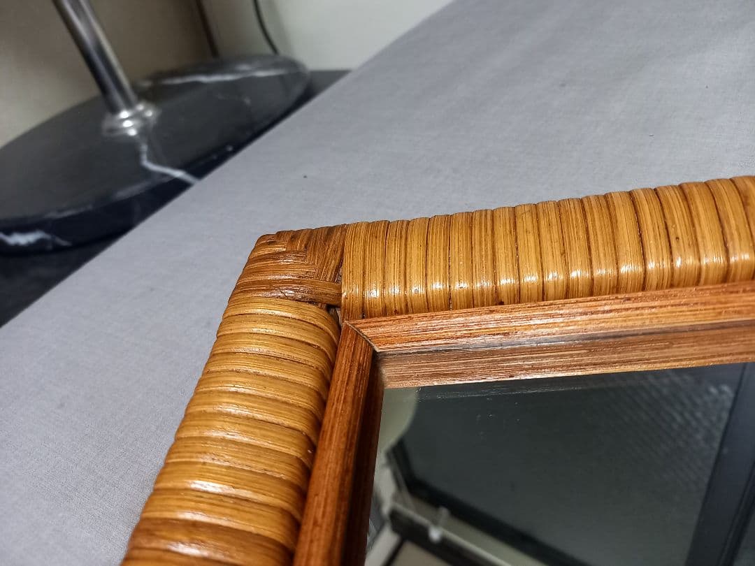 希少　1970's　フレンチ　クラシック　ラタン　フレーム　ウッド　ミラー