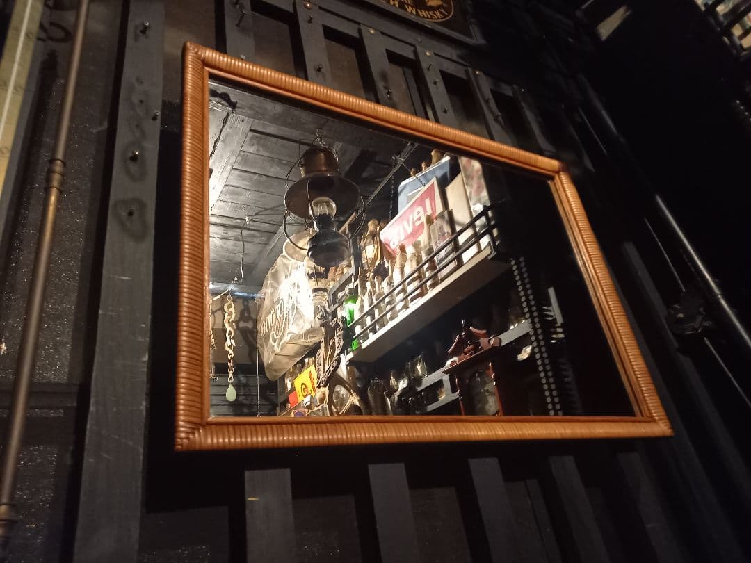 希少　1970's　フレンチ　クラシック　ラタン　フレーム　ウッド　ミラー