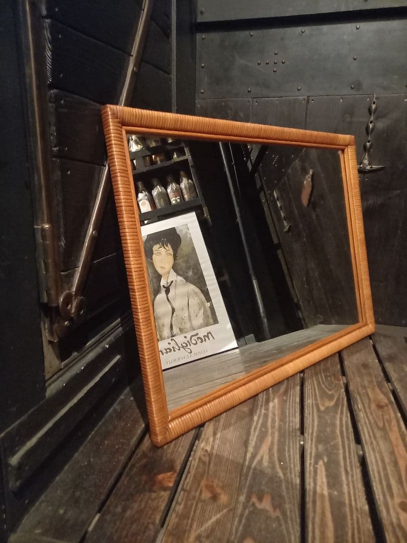 希少　1970's　フレンチ　クラシック　ラタン　フレーム　ウッド　ミラー