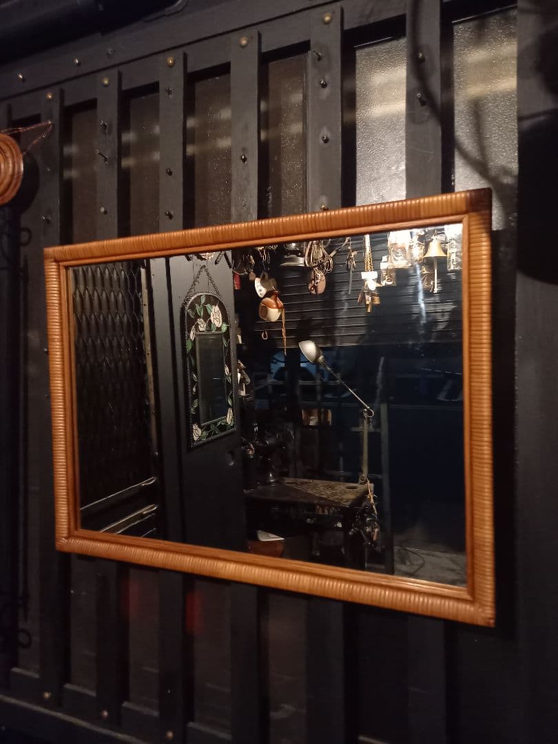 希少　1970's　フレンチ　クラシック　ラタン　フレーム　ウッド　ミラー