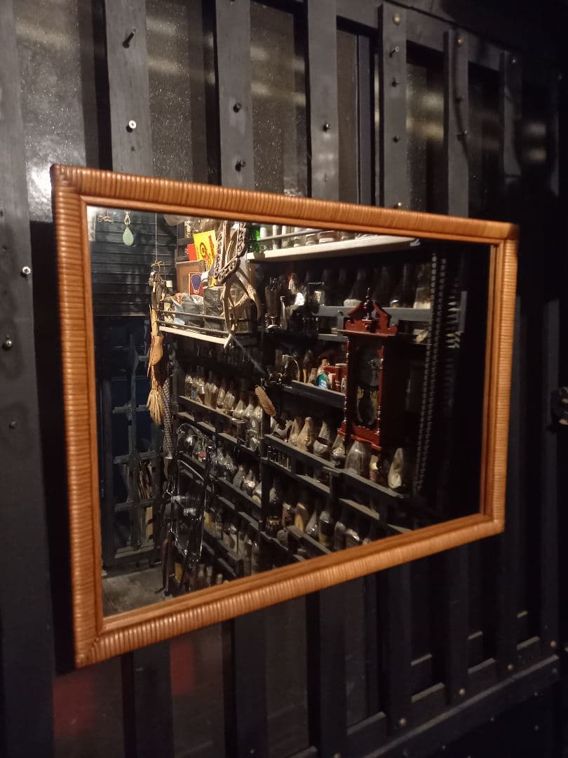 希少　1970's　フレンチ　クラシック　ラタン　フレーム　ウッド　ミラー