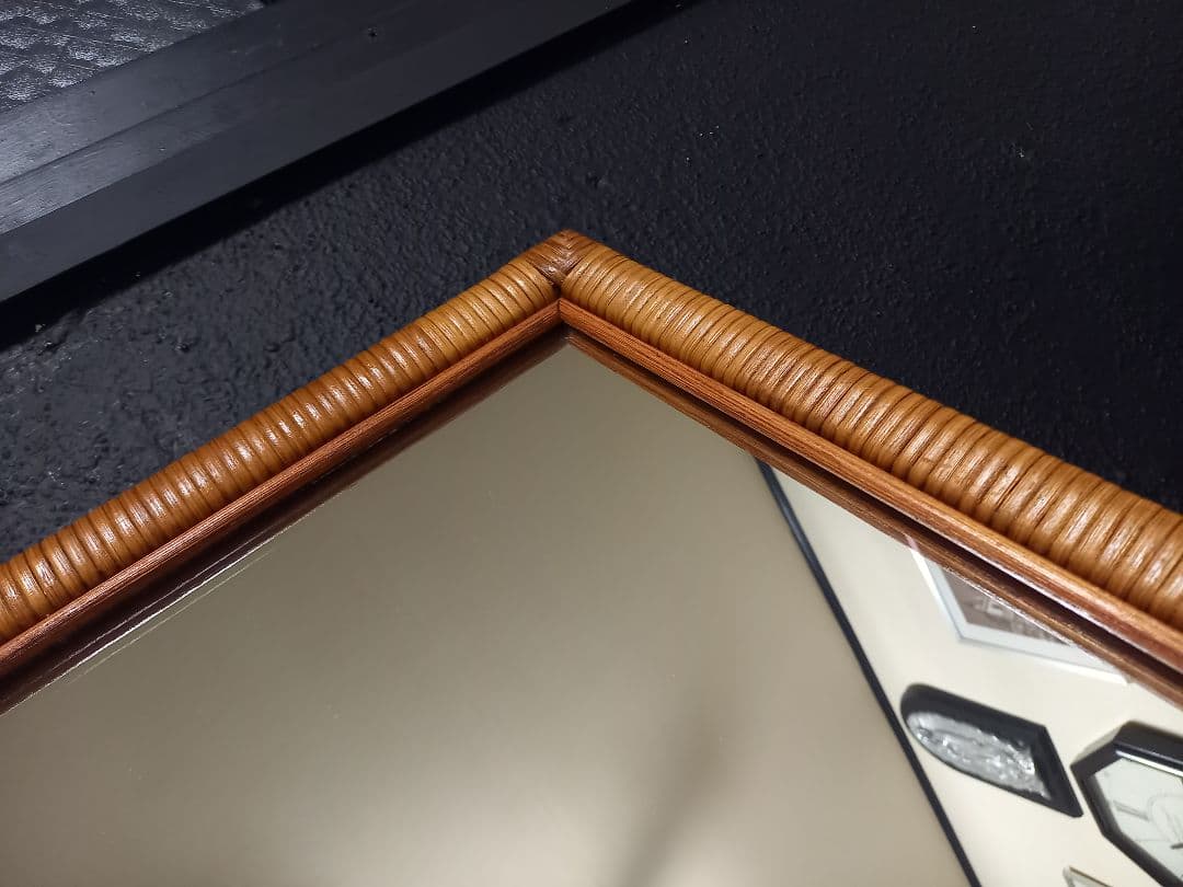 希少　1970's　フレンチ　クラシック　ラタン　フレーム　ウッド　ミラー