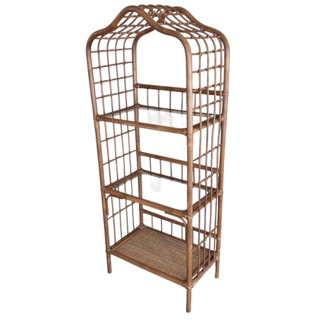 ラタン アーチ型 3段(上・中段ガラス板) 飾り棚 ディスプレイラック 籐家具