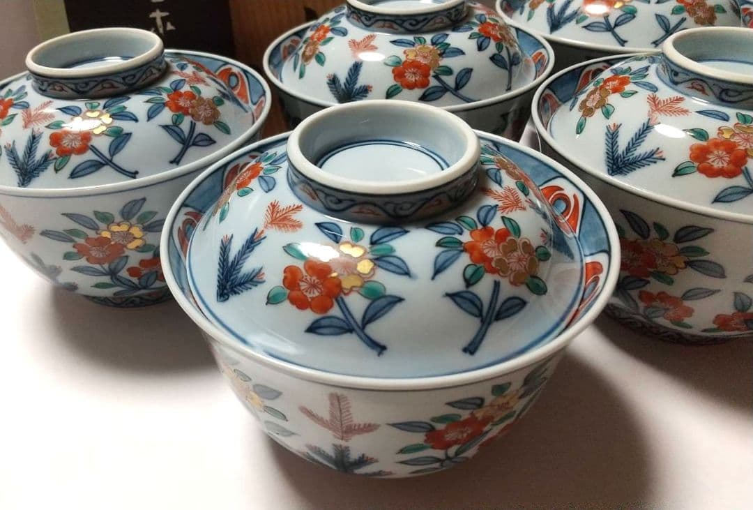 有田焼 源右衛門窯 古伊万里風桜図 蓋物 蓋碗 小丼 蒸物 5客組 未使用品