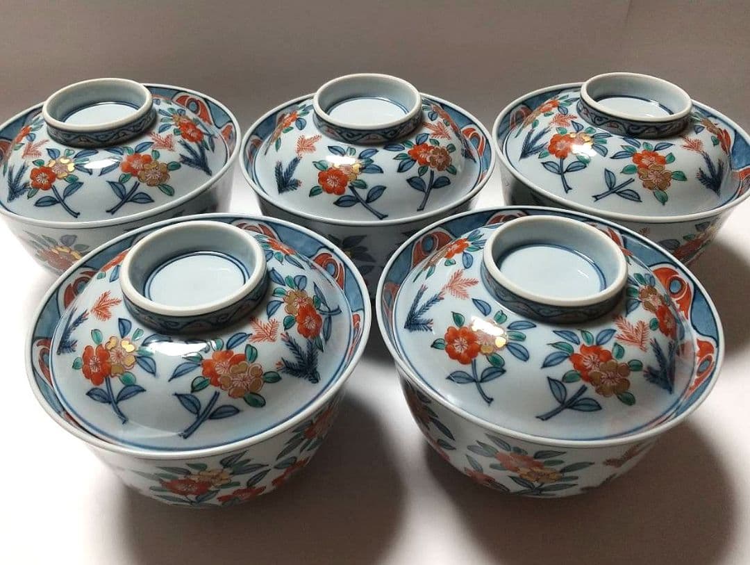 有田焼 源右衛門窯 古伊万里風桜図 蓋物 蓋碗 小丼 蒸物 5客組 未使用品