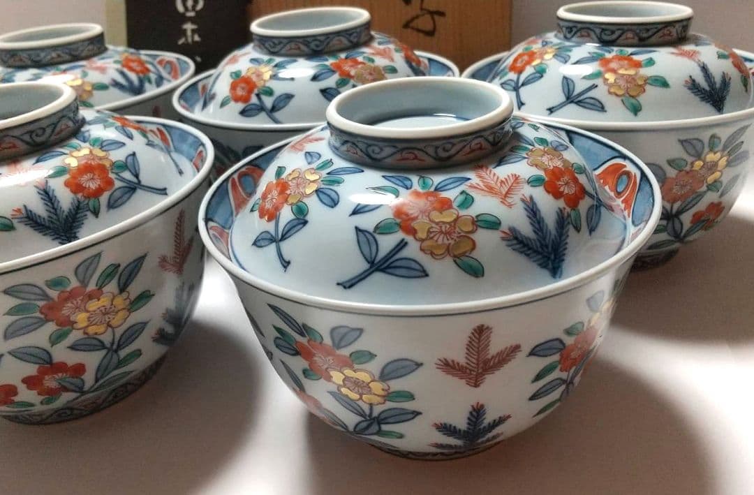 有田焼 源右衛門窯 古伊万里風桜図 蓋物 蓋碗 小丼 蒸物 5客組 未使用品