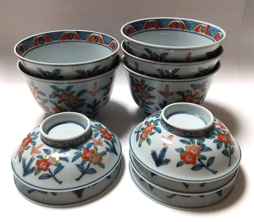 有田焼 源右衛門窯 古伊万里風桜図 蓋物 蓋碗 小丼 蒸物 5客組 未使用品