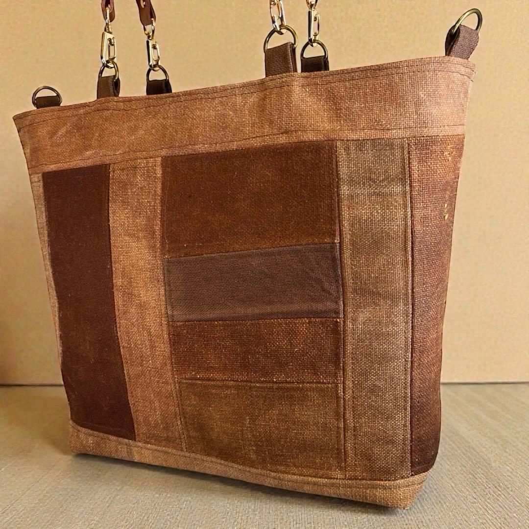 【A4収納】希少酒袋のパッチワーク鞄63\"本革持ち手で丈夫なお出かけトートバッグ