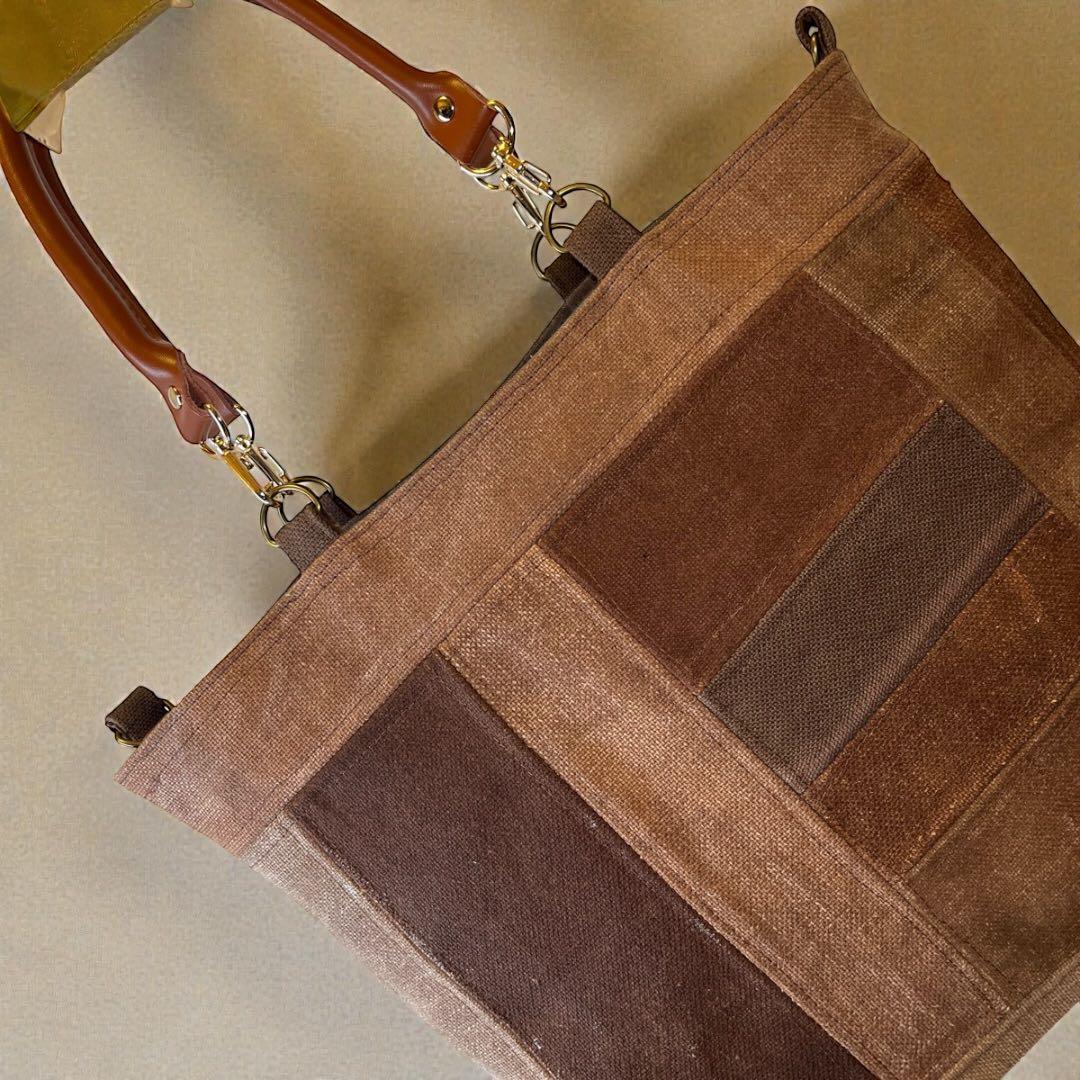 【A4収納】希少酒袋のパッチワーク鞄63\"本革持ち手で丈夫なお出かけトートバッグ