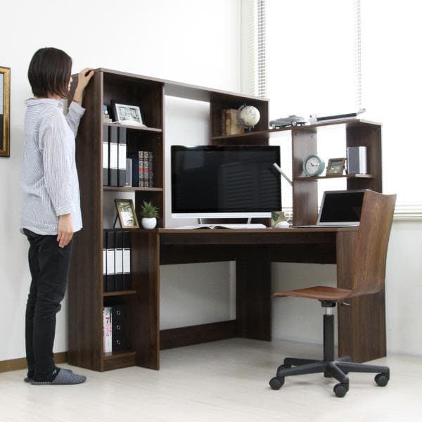 《新品・送料無料》パソコンデスク コーナー ハイタイプ 書棚付き ブラウン 北欧