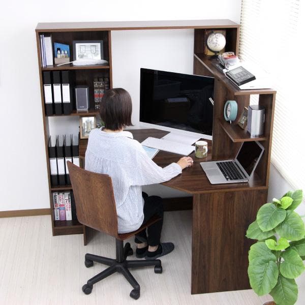 《新品・送料無料》パソコンデスク コーナー ハイタイプ 書棚付き ブラウン 北欧