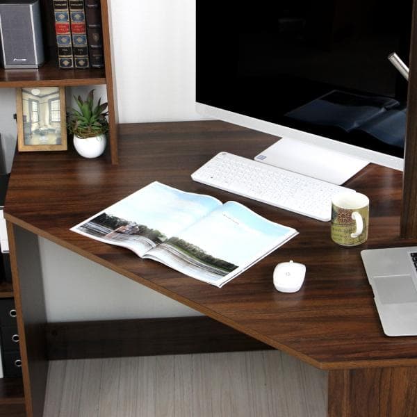 《新品・送料無料》パソコンデスク コーナー ハイタイプ 書棚付き ブラウン 北欧