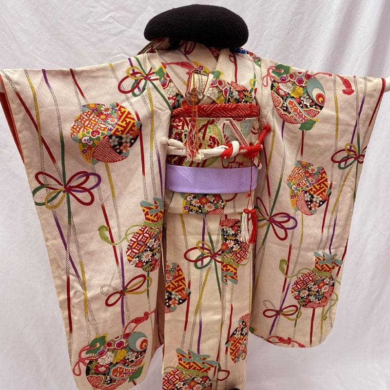 601ag22◎七五三 七歳 女児 アンティーク着物&丸帯 レトロ 古典柄◎