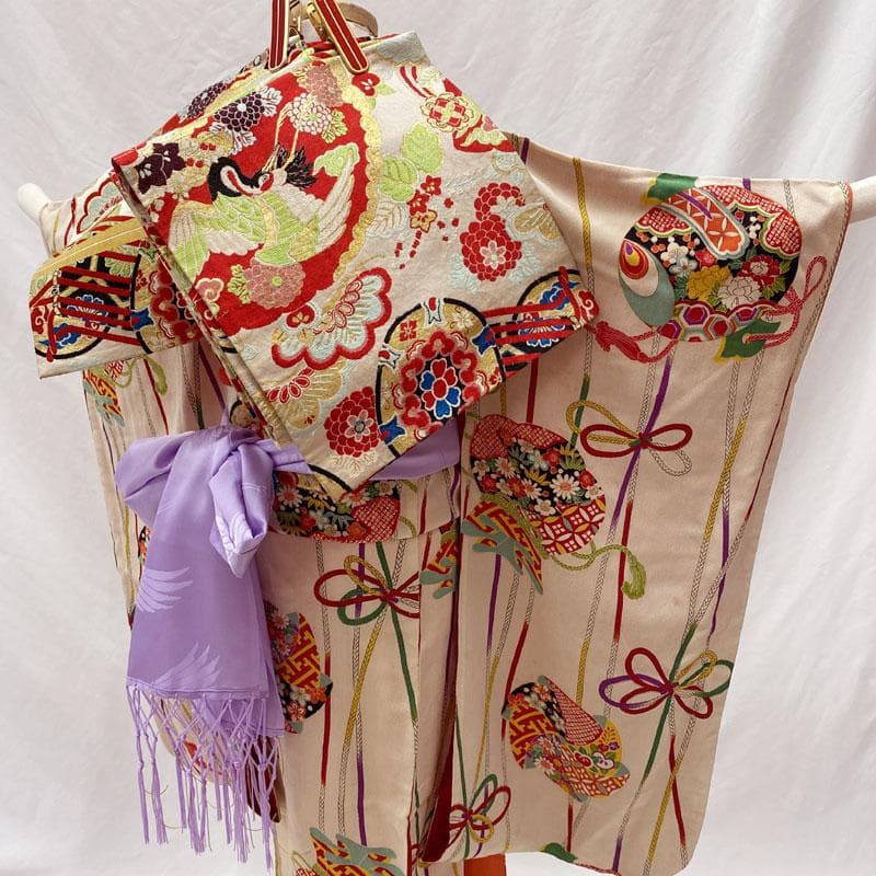 601ag22◎七五三 七歳 女児 アンティーク着物&丸帯 レトロ 古典柄◎