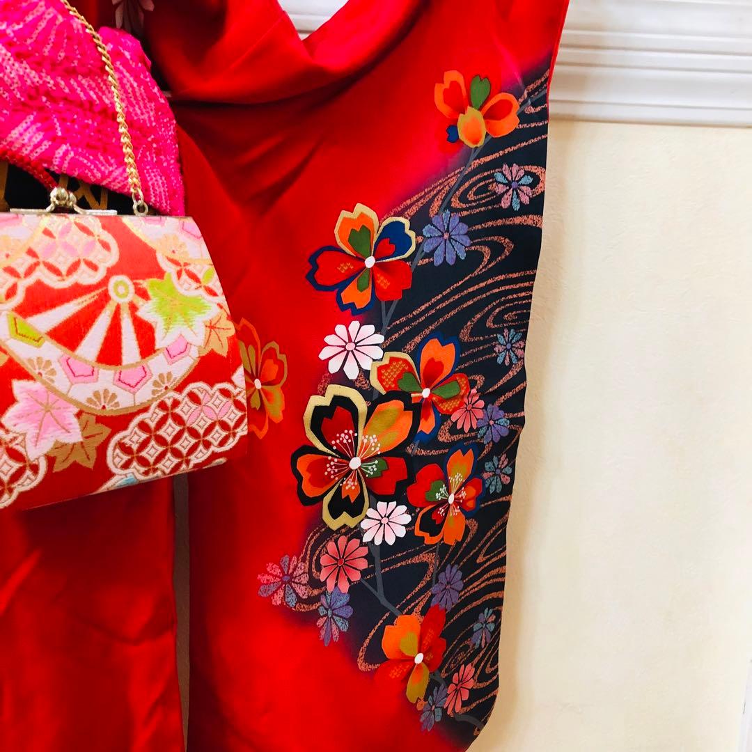 七五三 七歳‼️正絹豪華赤地桜金彩煌びやか極める‼️minkショール付完全フルセット