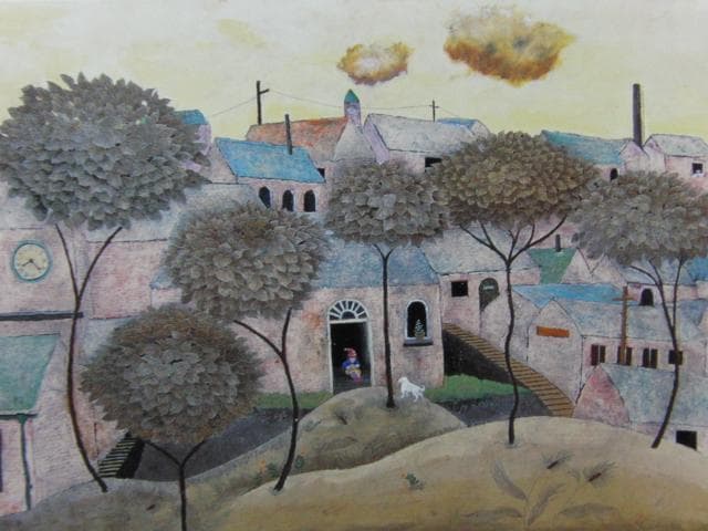 藤田龍児、静かなる町、希少な額装用画集より、新品高級額装付、状態良好、送料無料