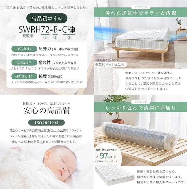 ピロートップ付ポケットコイルマットレス ダブル 極厚23cm（451）