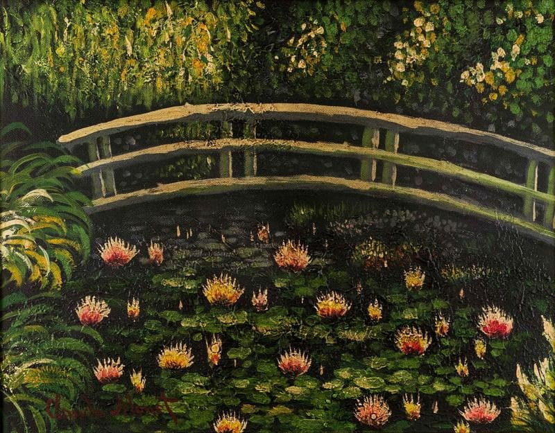 モネ 油彩 肉筆『睡蓮と日本橋』表サイン 画廊シール F6号 額装 b644