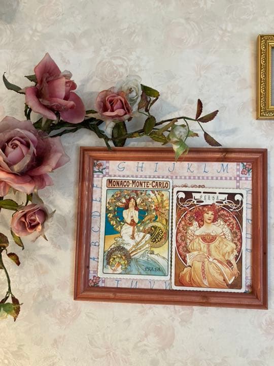 1990年代ものテディプリントアンティークピンク木製フレーム大型レアもの