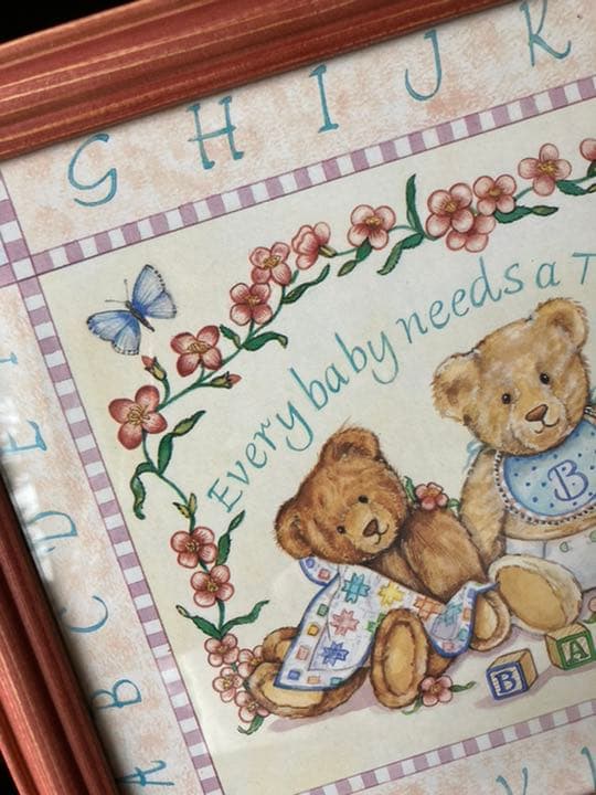 1990年代ものテディプリントアンティークピンク木製フレーム大型レアもの