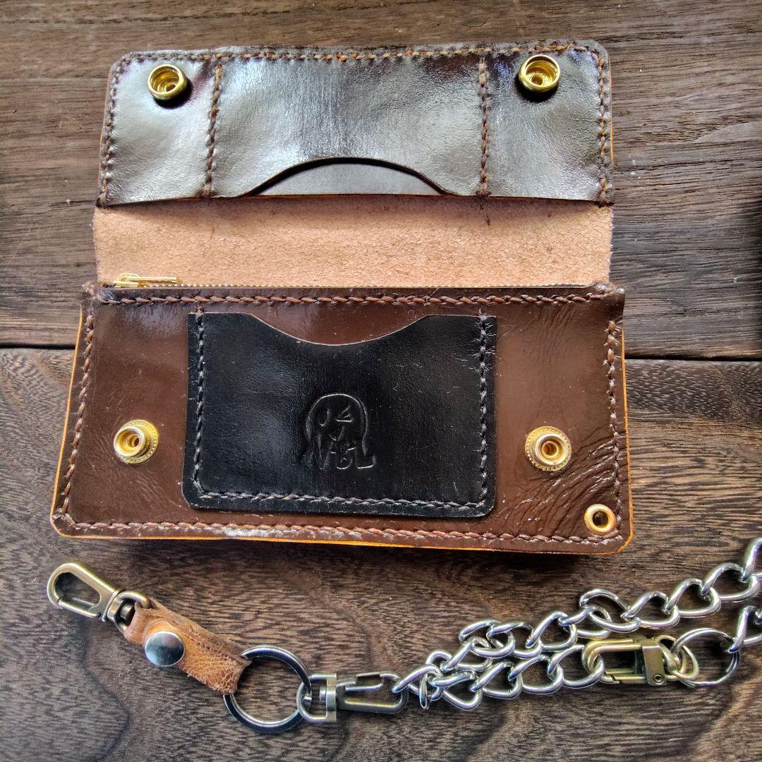 トラッカーウォレット　　手染め　茶×黒　　ロング