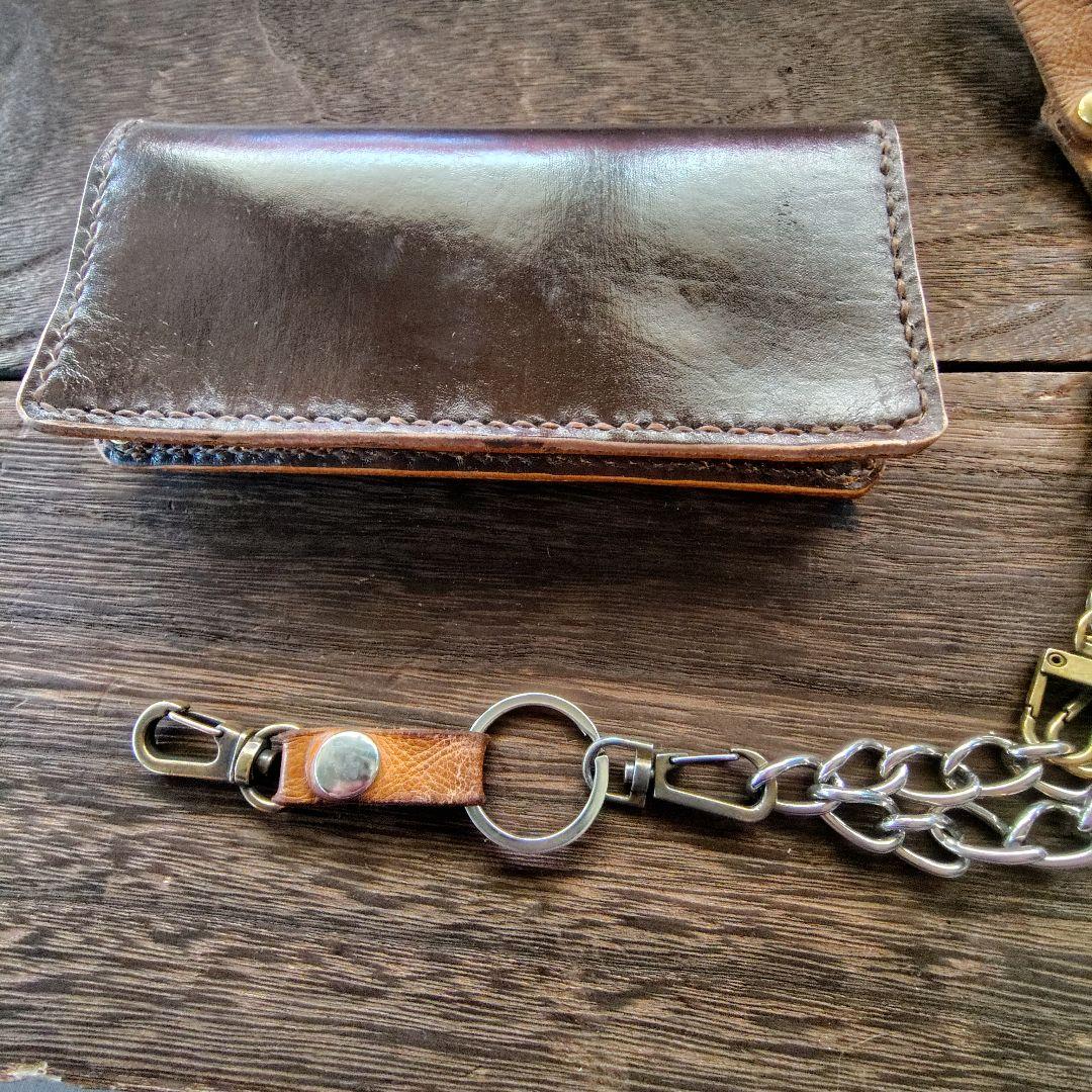 トラッカーウォレット　　手染め　茶×黒　　ロング