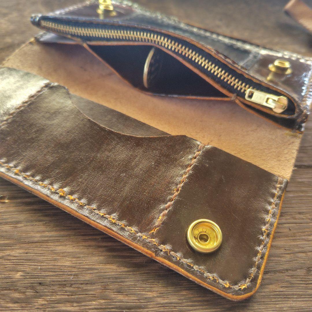 トラッカーウォレット　　手染め　茶×黒　　ロング