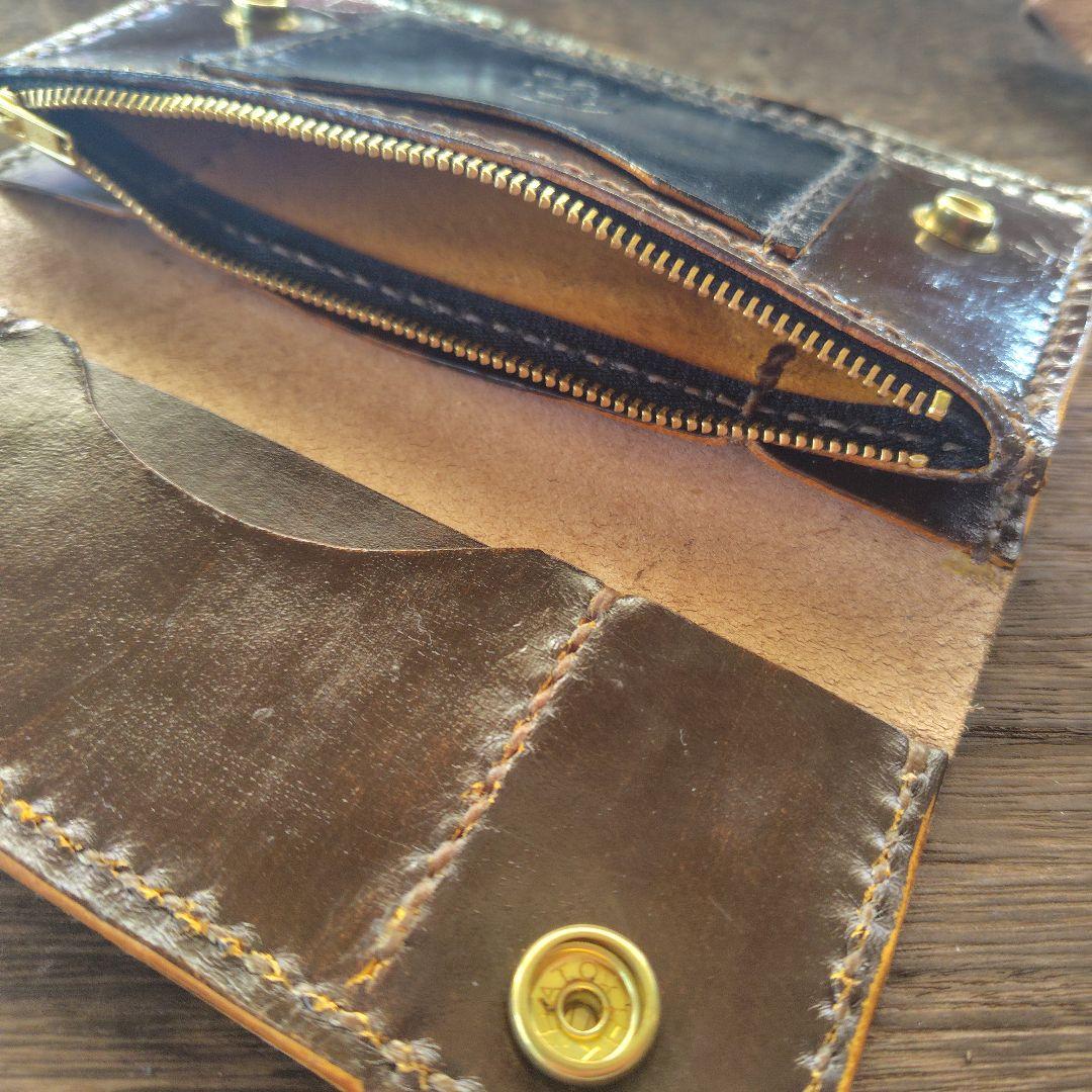 トラッカーウォレット　　手染め　茶×黒　　ロング