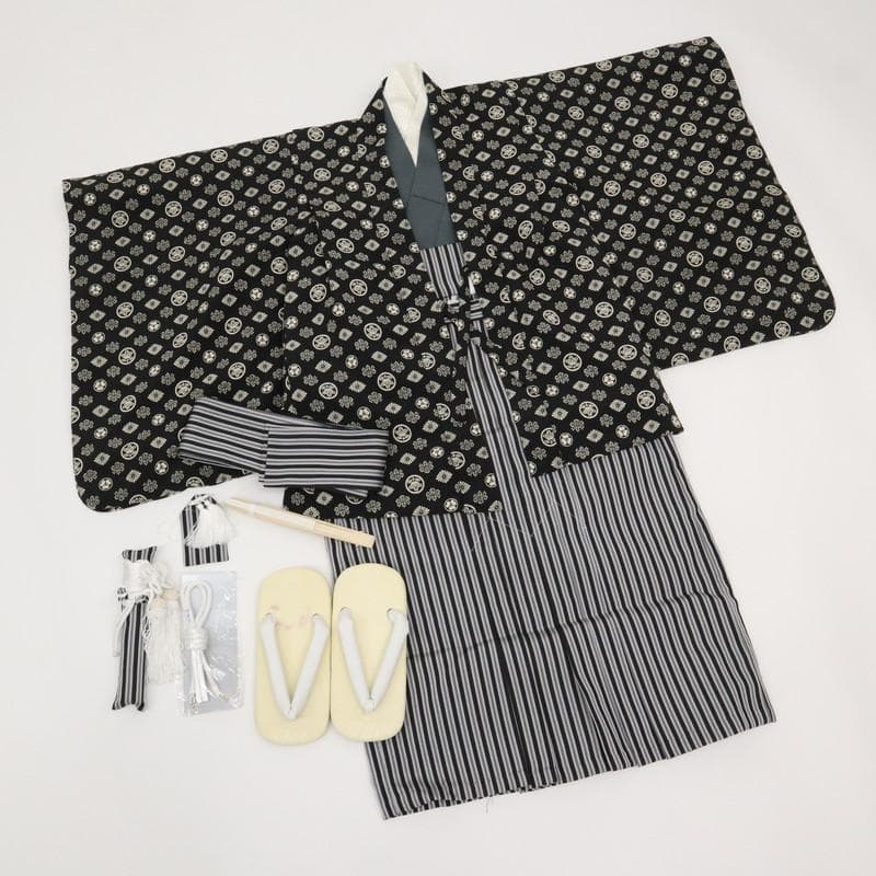 aloha【七五三】羽織袴小物＊5歳男児 縞 黒 グレー 着物 9RH13