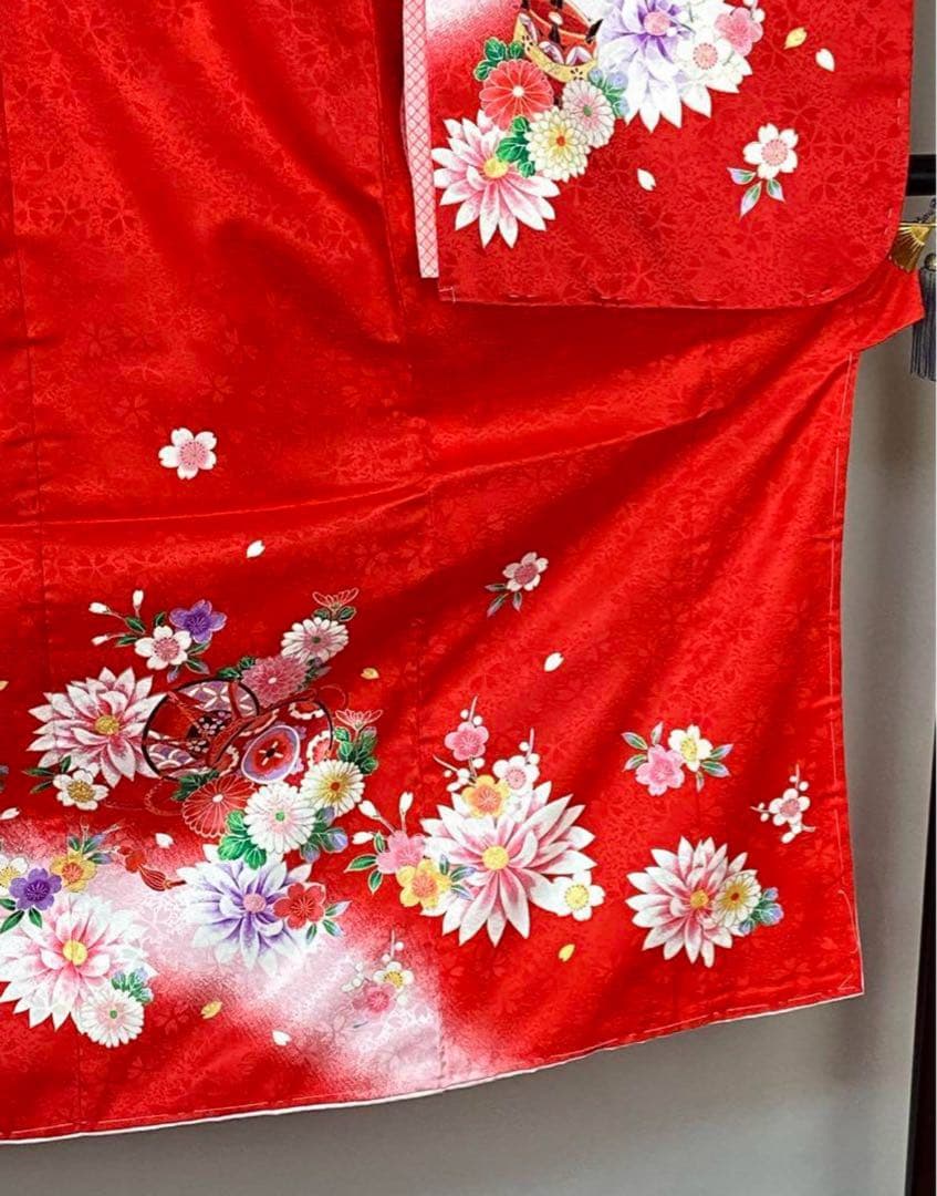 新品 四つ身 着物 15 赤 ポリエステル 七五三 長襦袢付き こども