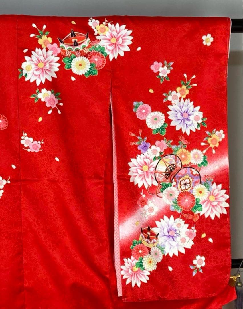 新品 四つ身 着物 15 赤 ポリエステル 七五三 長襦袢付き こども