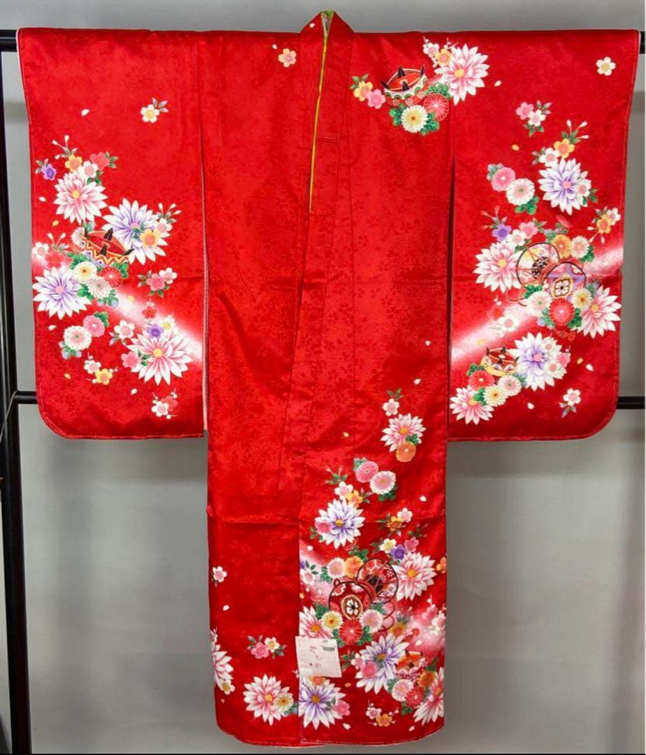 新品 四つ身 着物 15 赤 ポリエステル 七五三 長襦袢付き こども