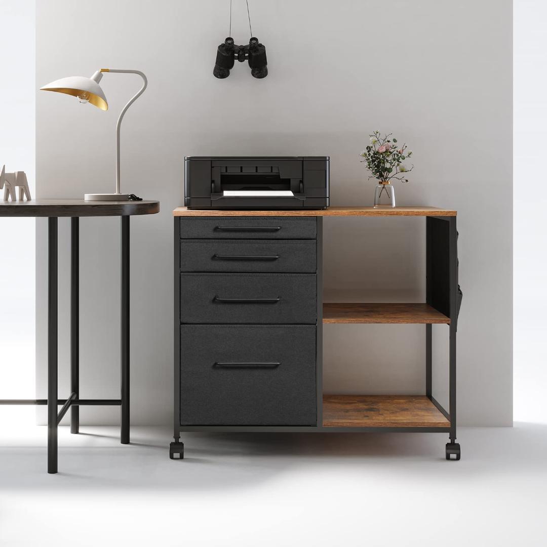 ☆多機能でスタイリッシュな4段サイドキャビネット - 布製デスク