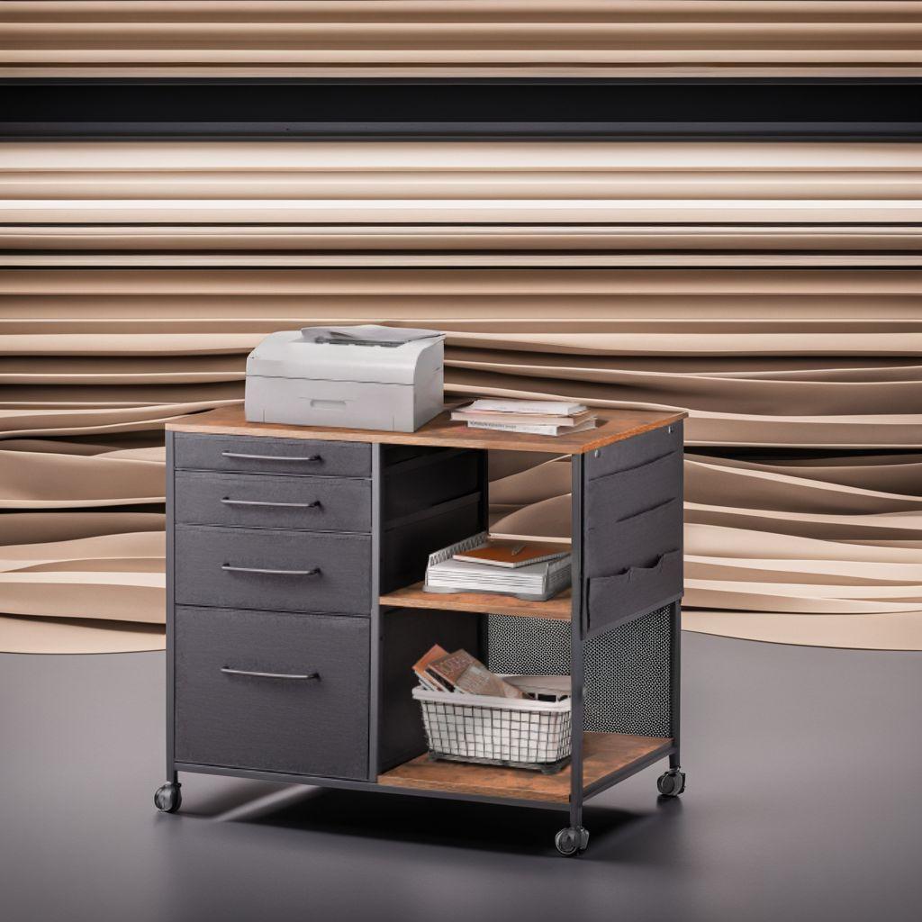 ☆多機能でスタイリッシュな4段サイドキャビネット - 布製デスク